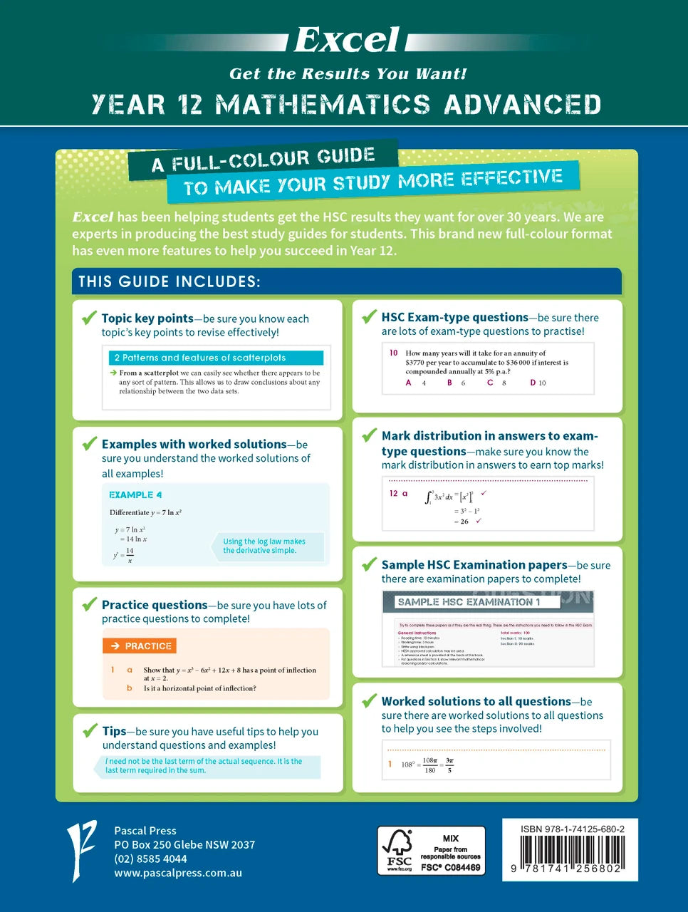 Back cover of Excel Year 12 Mathematics Advanced as shown in the Pascal Press product gallery