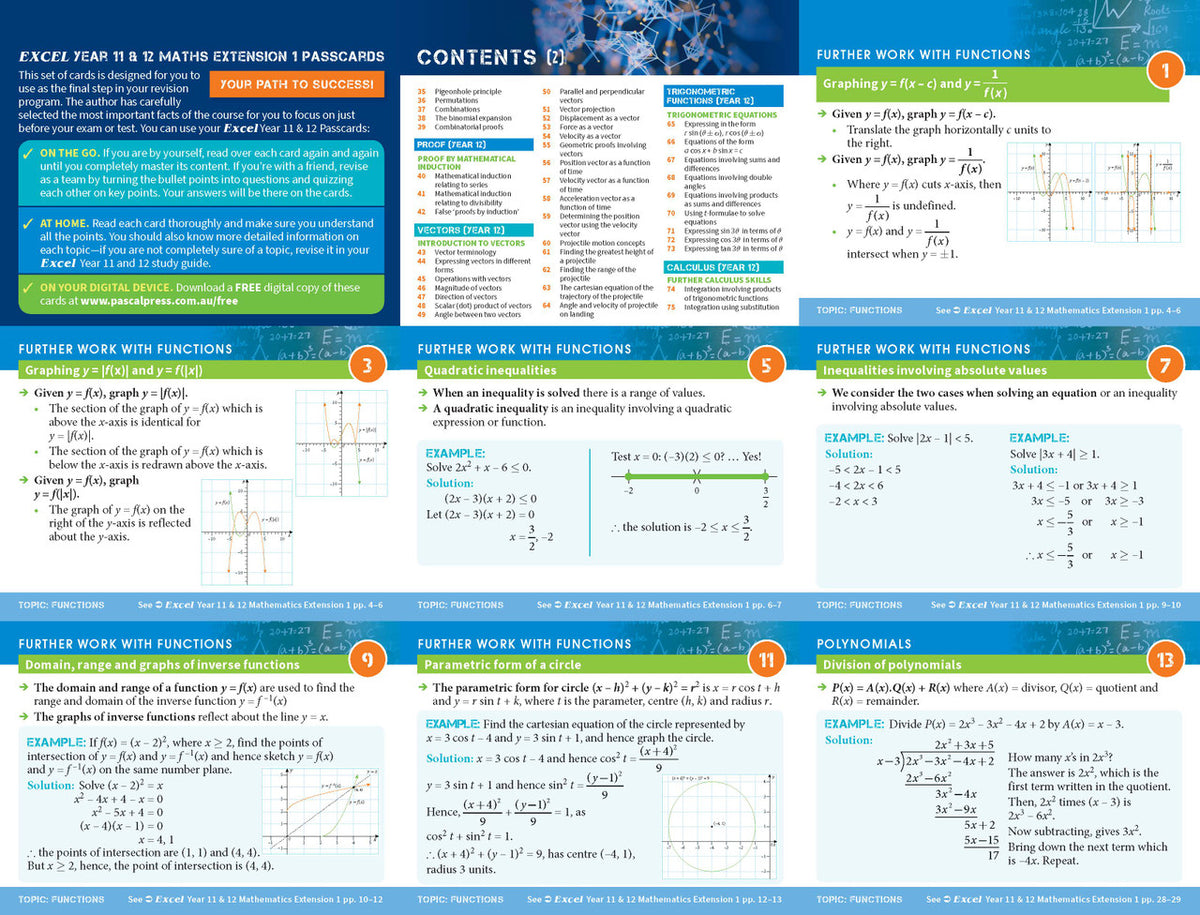 Study card image from the Pascal Press gallery for Excel Year 11 and 12 Mathematics Extension 1