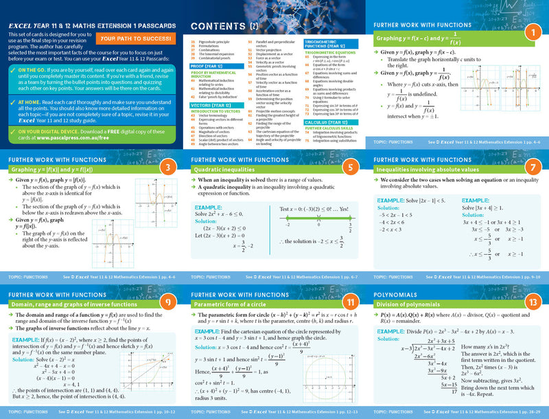 Study card image from the Pascal Press gallery for Excel Year 11 and 12 Mathematics Extension 1
