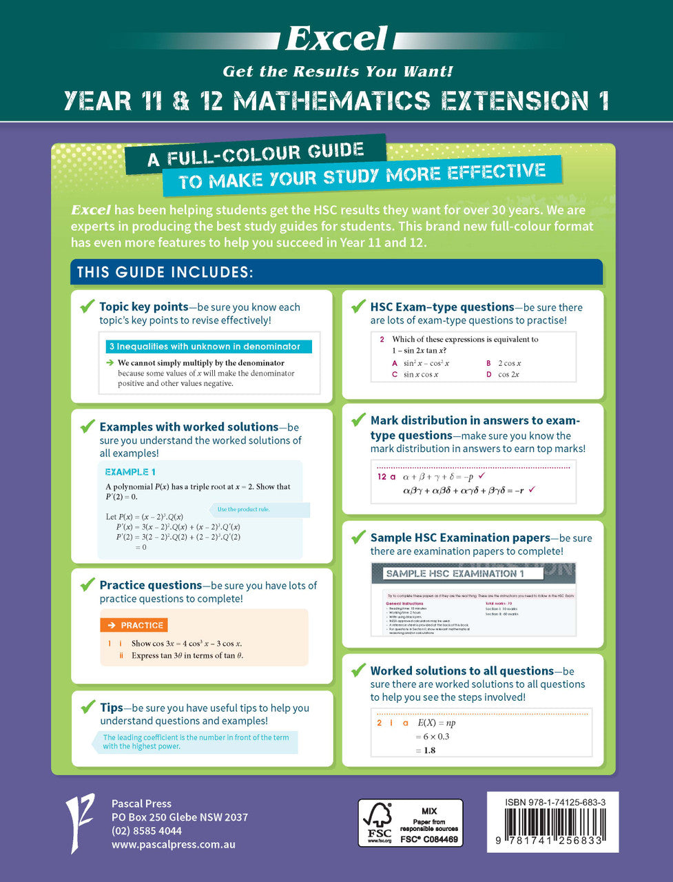 Back cover of Excel Year 11 and 12 Mathematics Extension 1 as shown in the Pascal Press product gallery