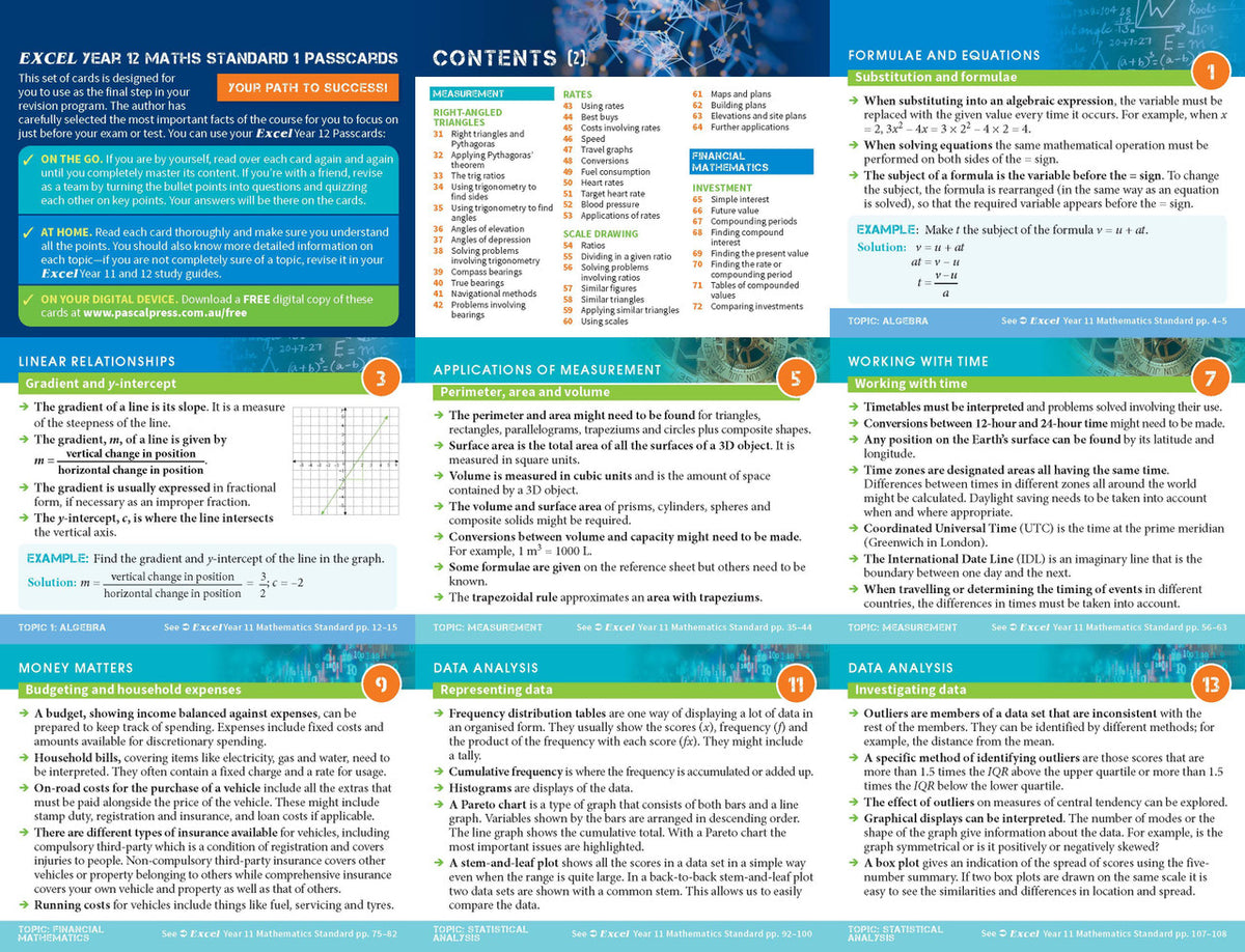 Study card image from the Pascal Press gallery for Excel Year 12 Mathematics Standard 1 Study Guide