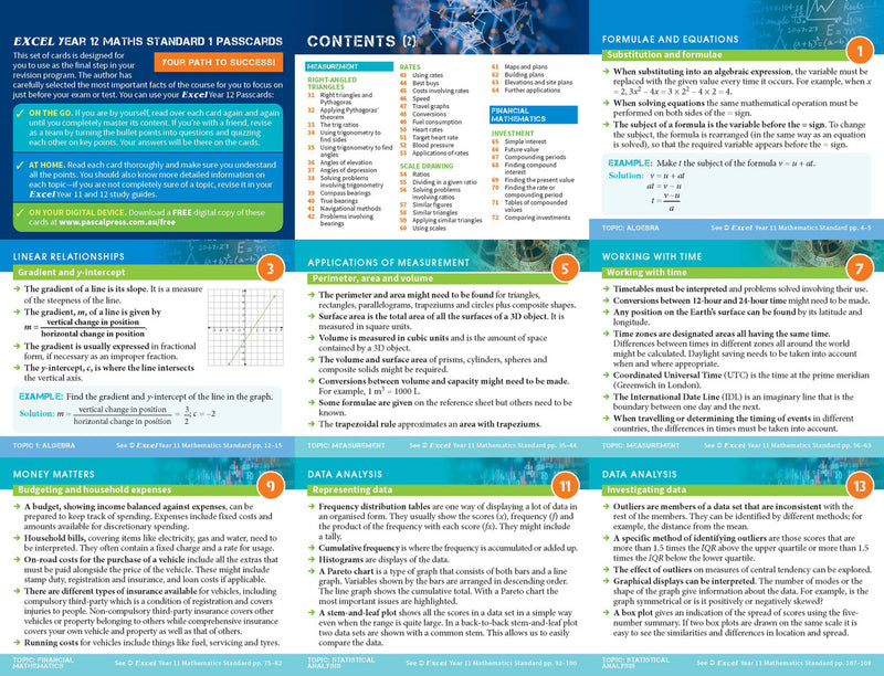 Study card image from the Pascal Press gallery for Excel Year 12 Mathematics Standard 1 Study Guide