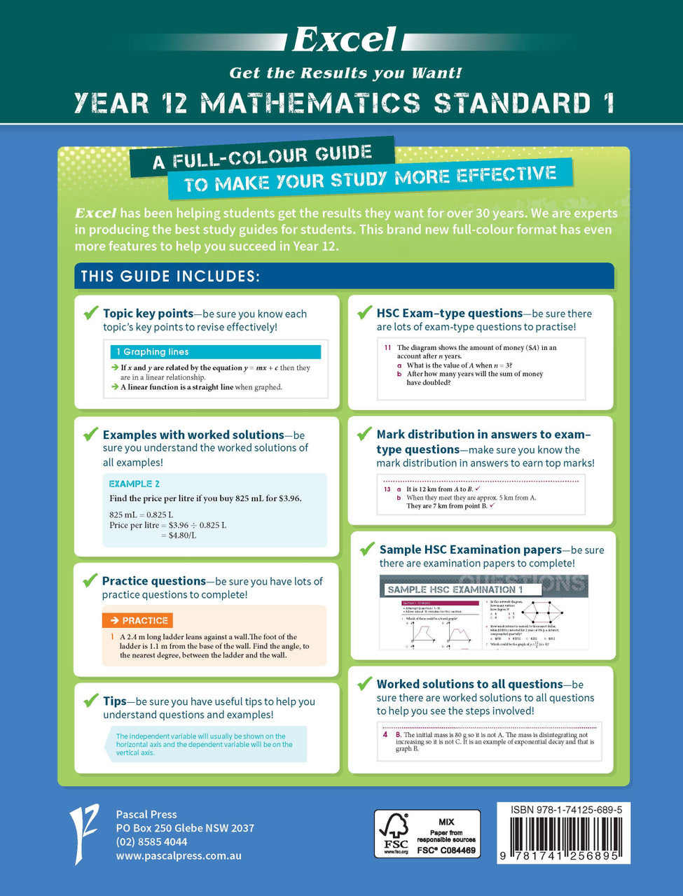 Back cover of Excel Year 12 Mathematics Standard 1 Study Guide as shown in the Pascal Press product gallery