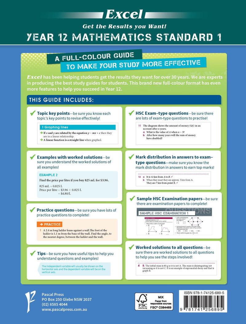 Back cover of Excel Year 12 Mathematics Standard 1 Study Guide as shown in the Pascal Press product gallery