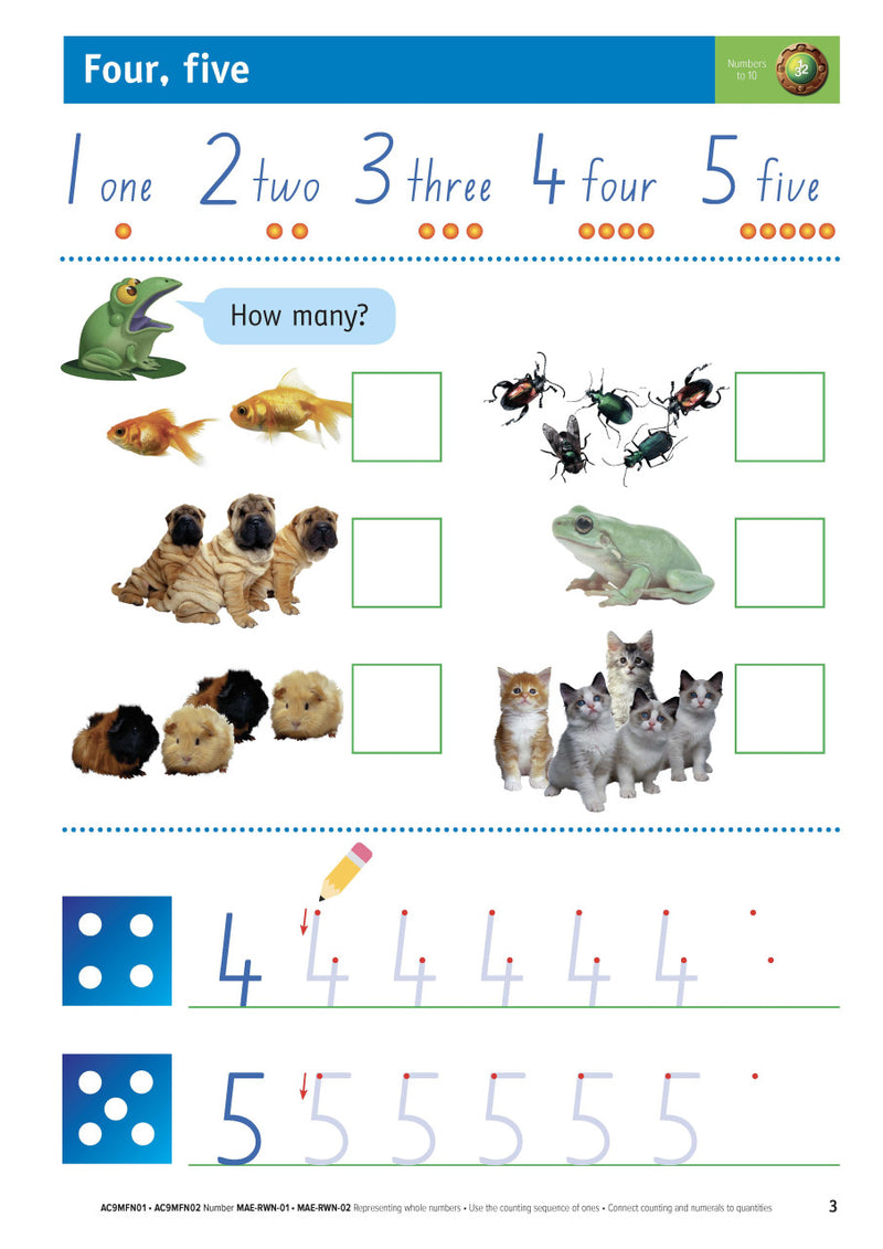 Sample inside page from the NSW Targeting Maths Kindergarten 2023 Curriculum Edition workbook, taken from the publisher product gallery