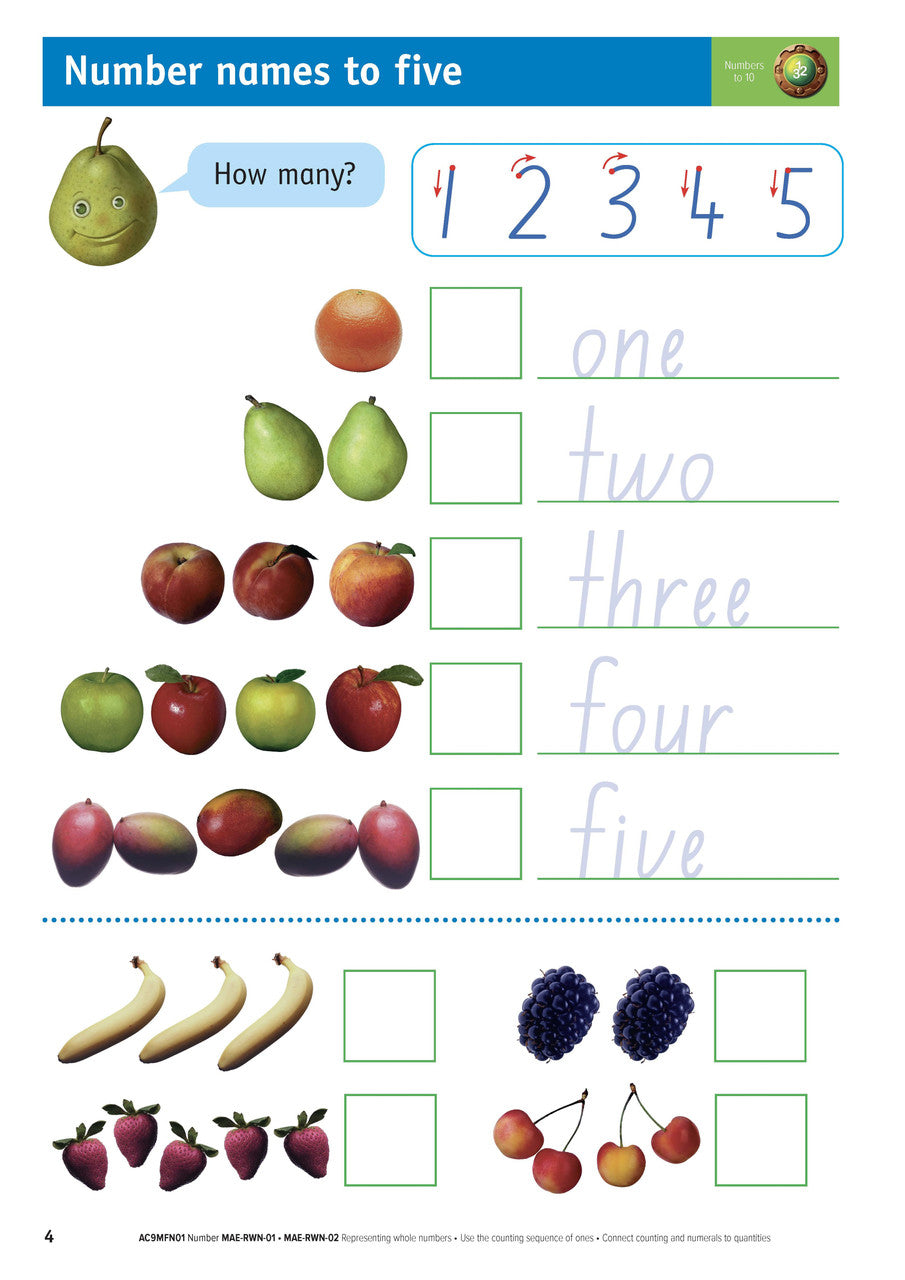 Sample inside page from the NSW Targeting Maths Kindergarten 2023 Curriculum Edition workbook, taken from the publisher product gallery