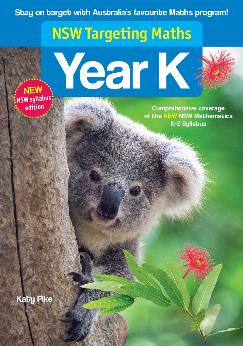 Front cover of the NSW Targeting Maths Kindergarten 2023 Curriculum Edition workbook from Pascal Press, the main product image