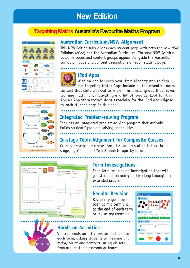Sample inside page from the NSW Targeting Maths Kindergarten 2023 Curriculum Edition workbook, taken from the publisher product gallery