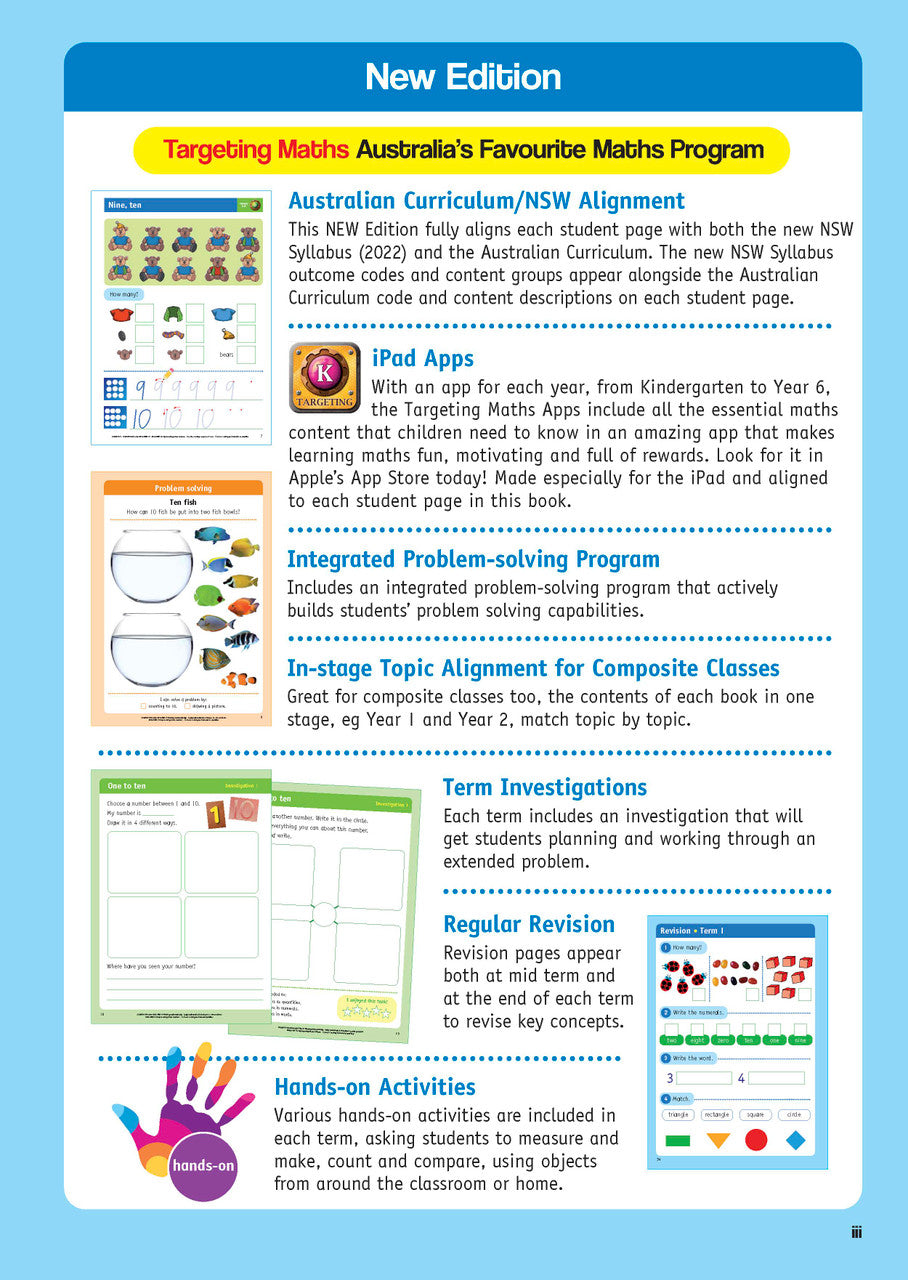 Sample inside page from the NSW Targeting Maths Kindergarten 2023 Curriculum Edition workbook, taken from the publisher product gallery