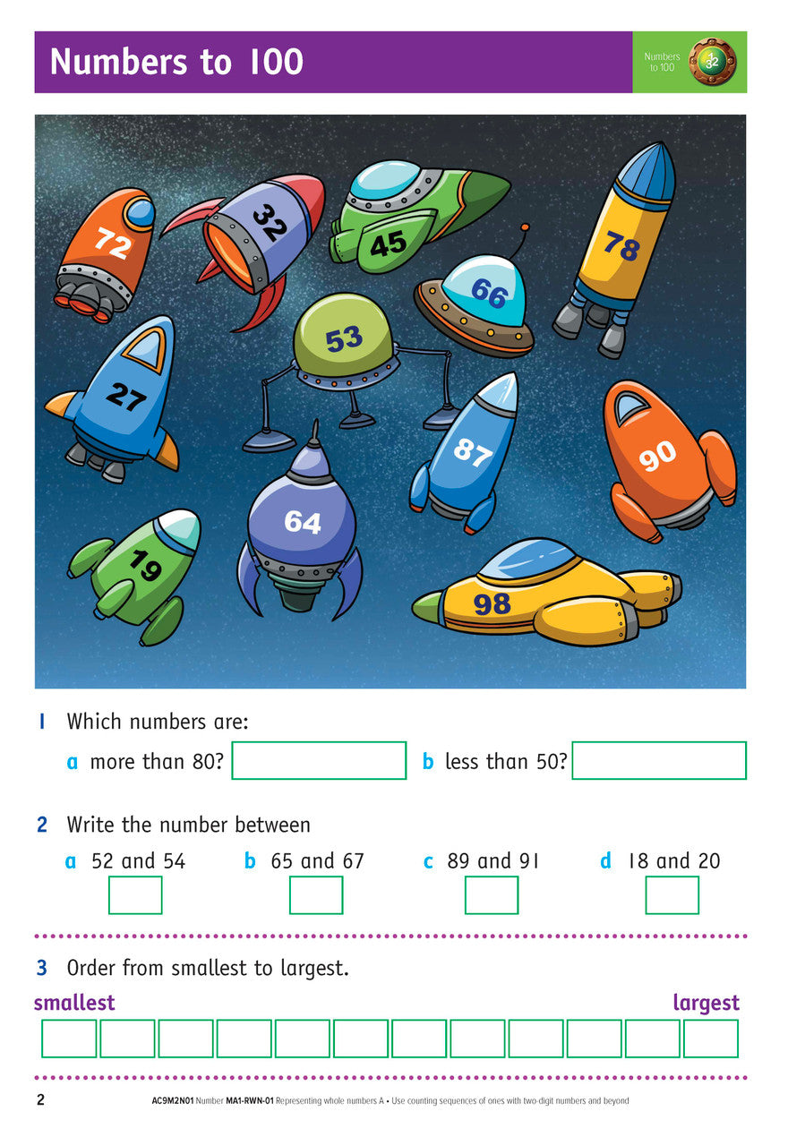 Sample inside page from the NSW Targeting Maths Year 2 2023 Curriculum Edition workbook, taken from the publisher product gallery