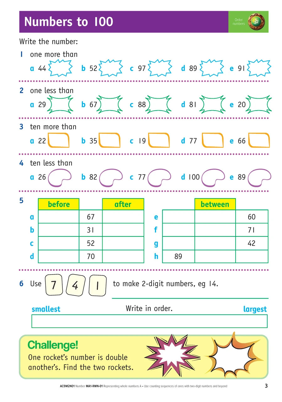 Sample inside page from the NSW Targeting Maths Year 2 2023 Curriculum Edition workbook, taken from the publisher product gallery
