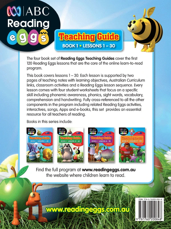 Back cover of Reading Eggs Teaching Guide Book 1 with a summary of the guide for teachers