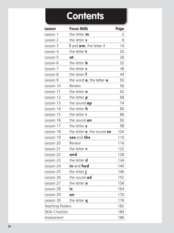 Contents page of Reading Eggs Teaching Guide Book 1 listing the lessons and sections in the guide
