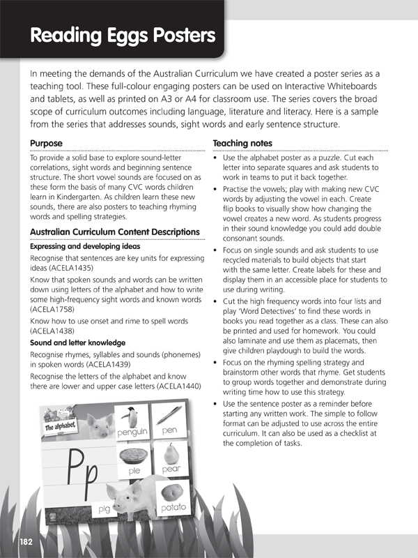 Sample student worksheet page from Reading Eggs Teaching Guide Book 1 with a focused literacy activity for the class
