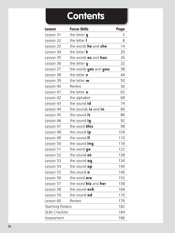 Contents page of Reading Eggs Teaching Guide Book 2 listing the lessons and sections in the guide