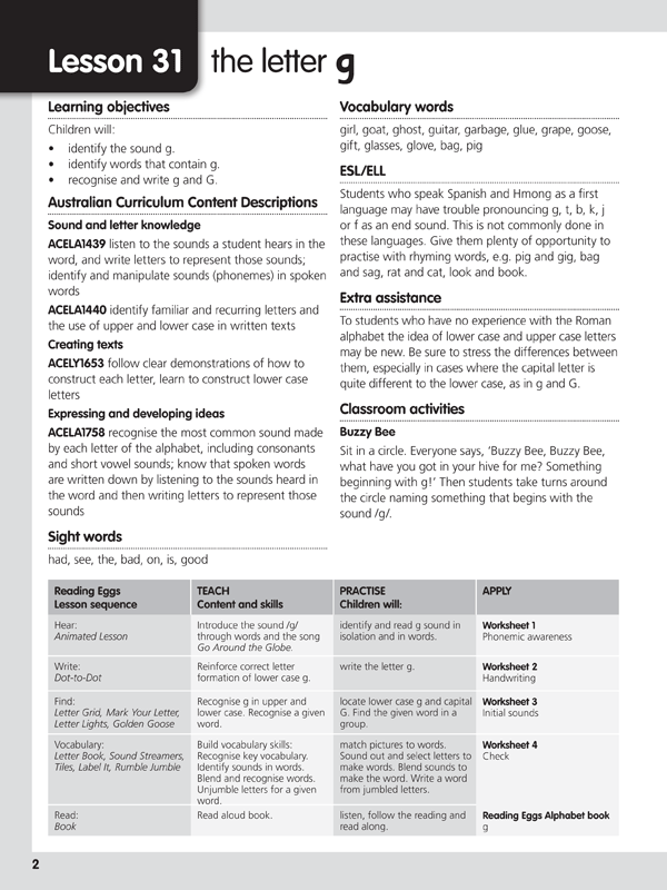 Sample introductory page from Reading Eggs Teaching Guide Book 2 explaining how the lessons and resources fit together