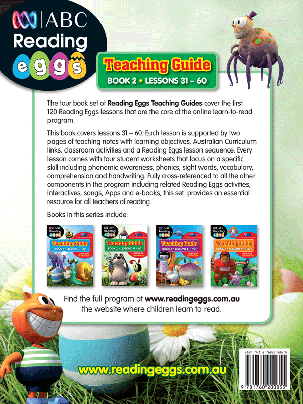Back cover of Reading Eggs Teaching Guide Book 2 with a summary of the guide for teachers