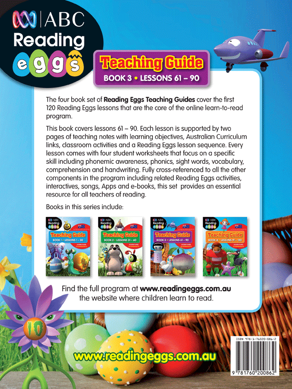 Back cover of Reading Eggs Teaching Guide Book 3 with a summary of the guide for teachers