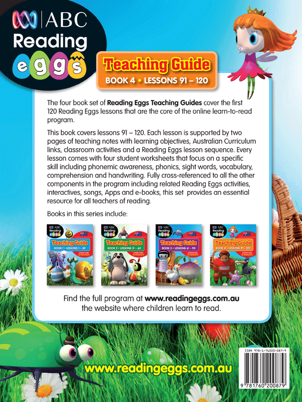 Back cover of Reading Eggs Teaching Guide Book 4 with a summary of the guide for teachers