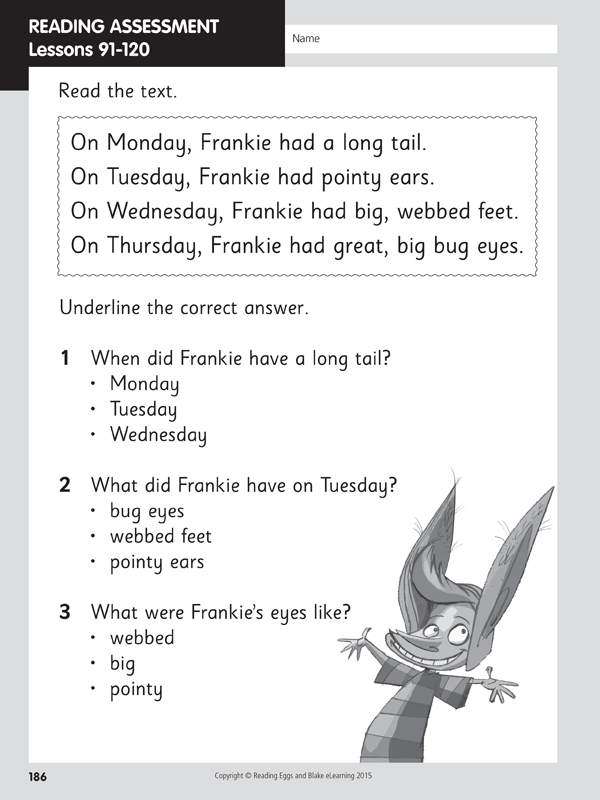 Sample student worksheet page from Reading Eggs Teaching Guide Book 4 with a focused literacy activity for the class