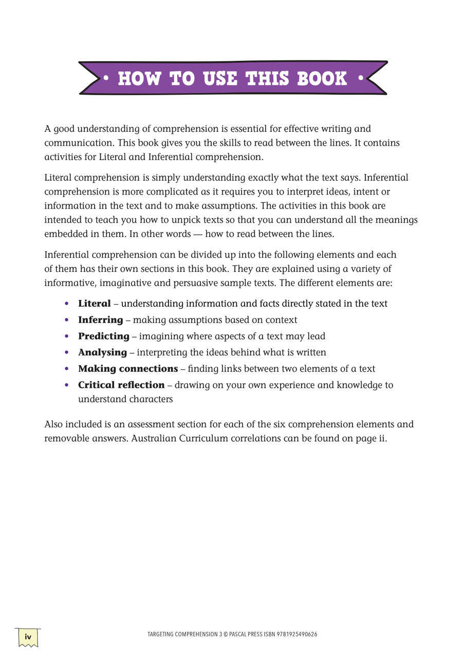 How to use this book page from Targeting Comprehension Activity Book Year 3, explaining the layout of the activities