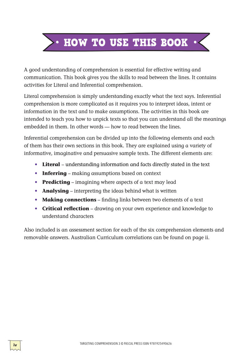 How to use this book page from Targeting Comprehension Activity Book Year 3, explaining the layout of the activities