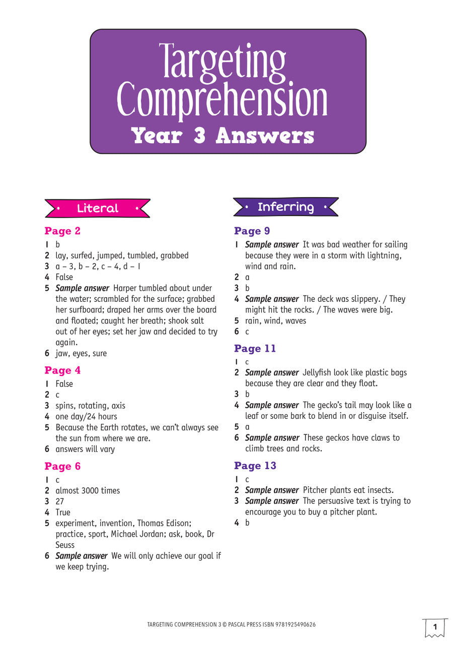 Sample page from the back section of Targeting Comprehension Activity Book Year 3, as shown in the publisher gallery