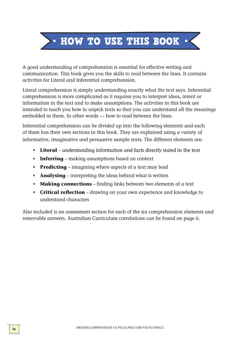How to use this book page from Targeting Comprehension Activity Book Year 4, explaining the layout of the activities
