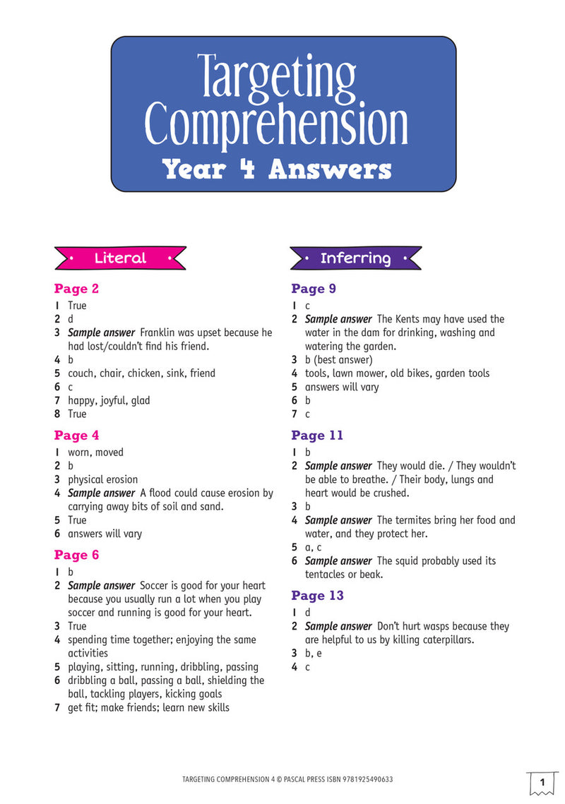 Sample page from the back section of Targeting Comprehension Activity Book Year 4, as shown in the publisher gallery