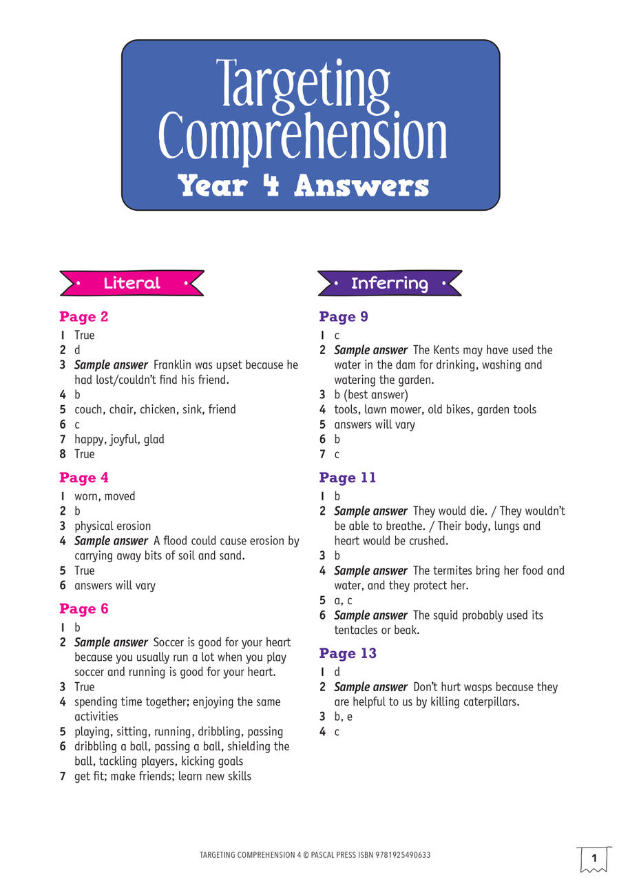 Sample page from the back section of Targeting Comprehension Activity Book Year 4, as shown in the publisher gallery