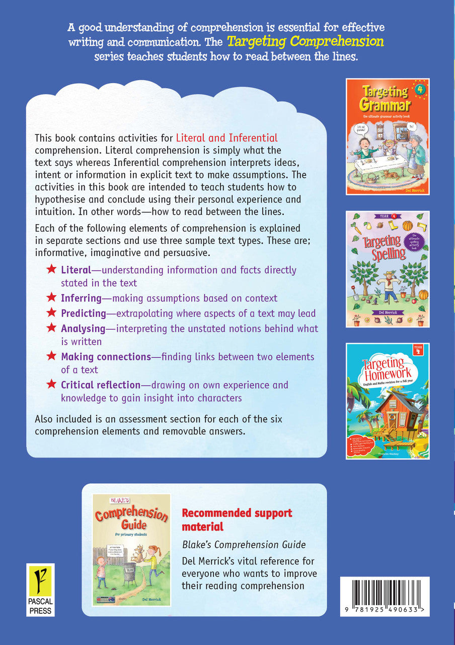 Back cover of Targeting Comprehension Activity Book Year 4 from the Pascal Press Targeting series