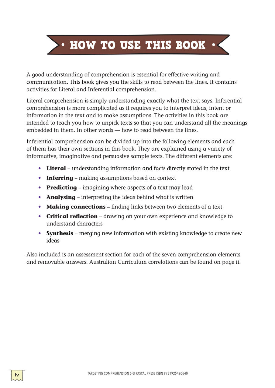 How to use this book page from Targeting Comprehension Activity Book Year 5, explaining the layout of the activities