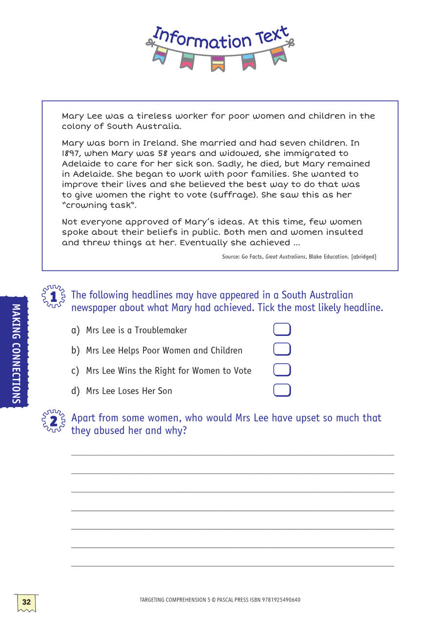Sample interior activity page from Targeting Comprehension Activity Book Year 5, as shown in the publisher gallery
