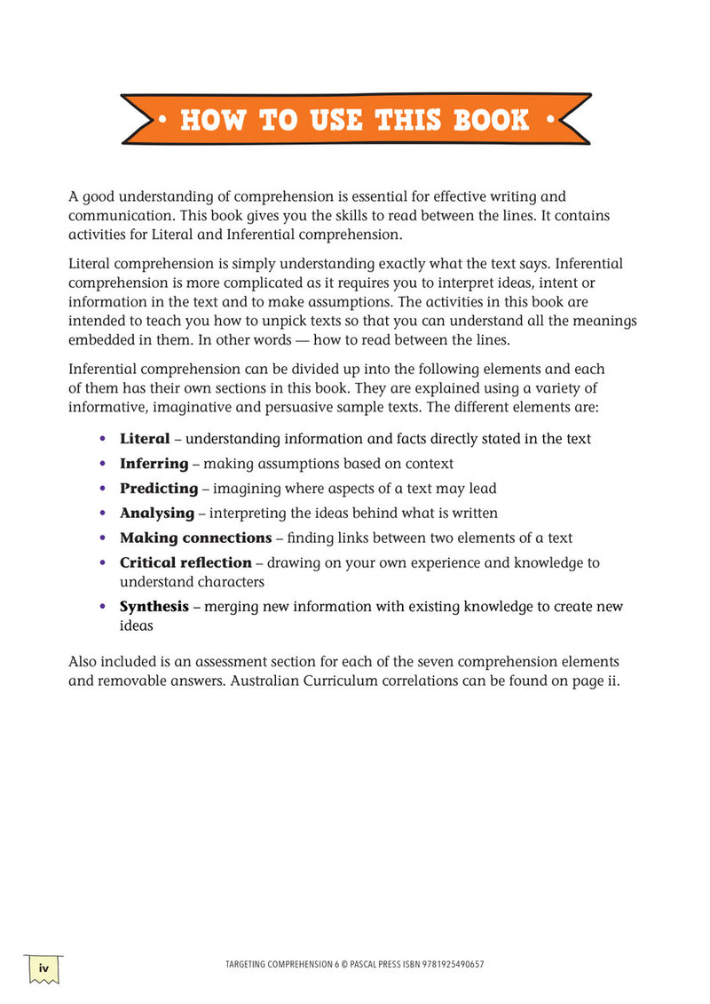 How to use this book page from Targeting Comprehension Activity Book Year 6, explaining the layout of the activities