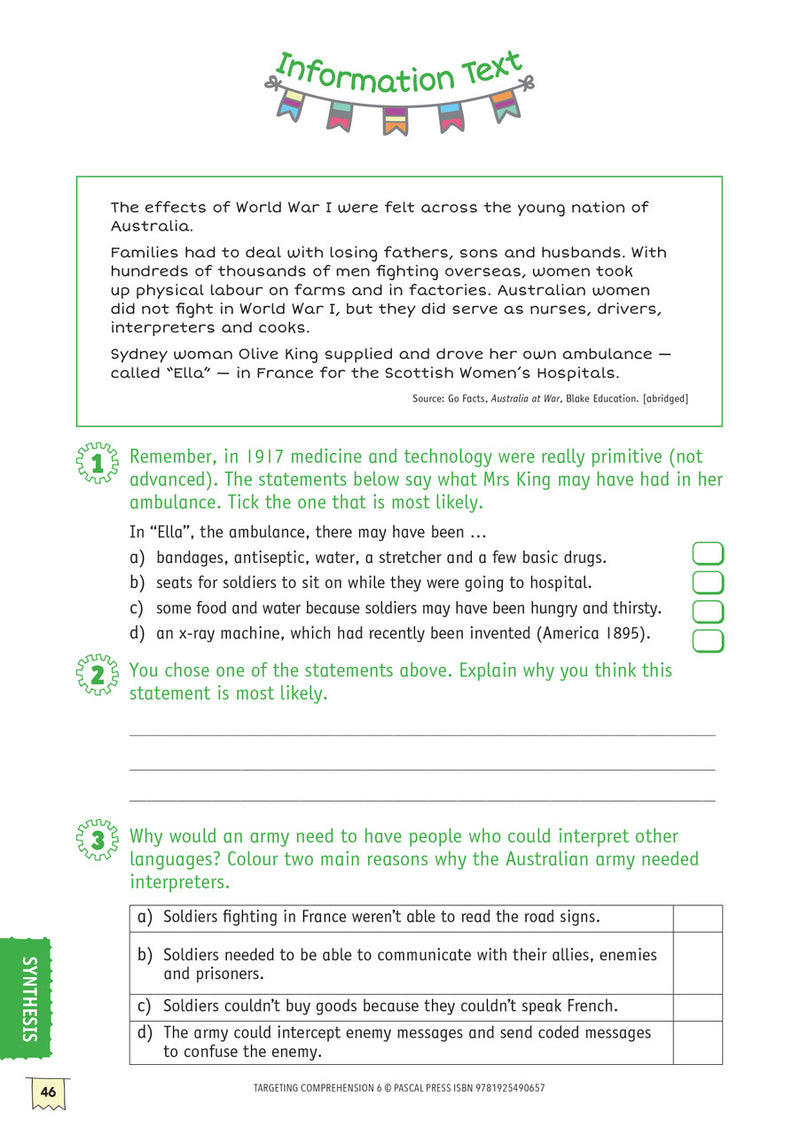 Sample interior activity page from Targeting Comprehension Activity Book Year 6, as shown in the publisher gallery
