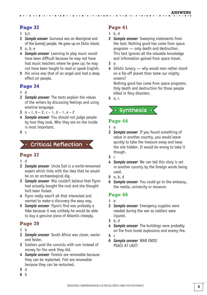 Sample page from the back section of Targeting Comprehension Activity Book Year 6, as shown in the publisher gallery