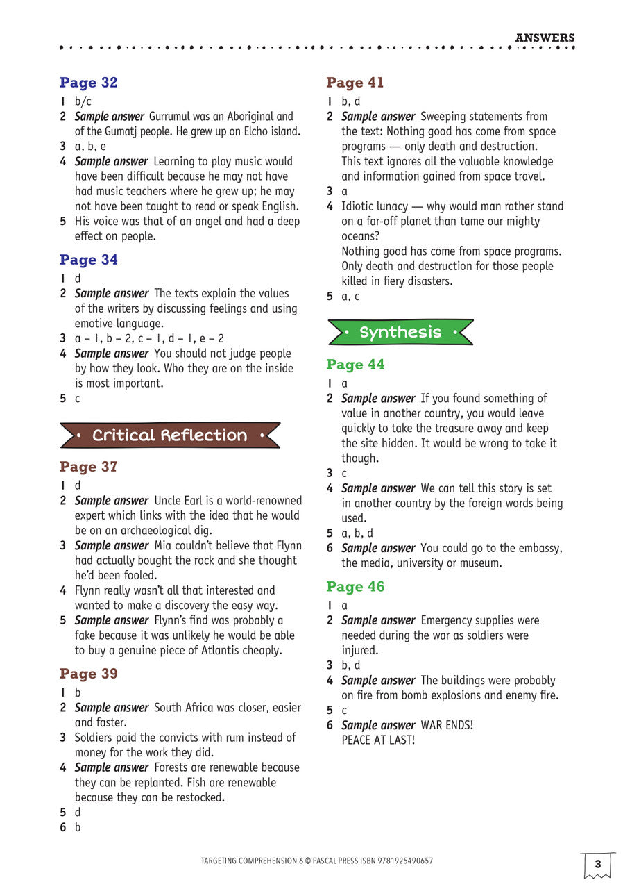 Sample page from the back section of Targeting Comprehension Activity Book Year 6, as shown in the publisher gallery