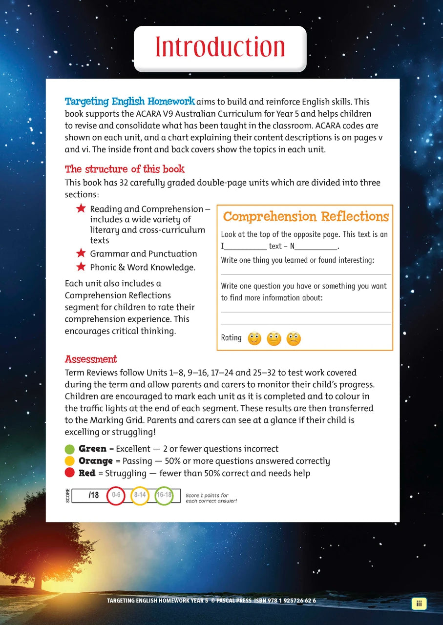 Sample introductory page iii from Targeting English Homework Year 5, shown in the publisher's preview gallery of English homework units