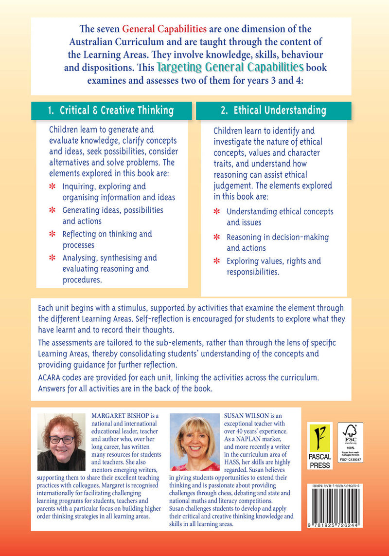 Back cover of Targeting General Capabilities Critical and Creative Thinking Years 3-4 from the Pascal Press Targeting series