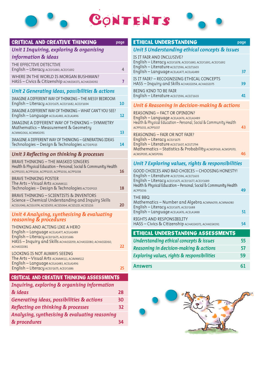 Contents page from Targeting General Capabilities Critical and Creative Thinking Years 3-4, listing the units inside the book