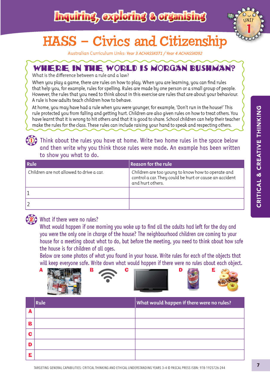 Sample interior activity page from Targeting General Capabilities Critical and Creative Thinking Years 3-4, as shown in the publisher gallery