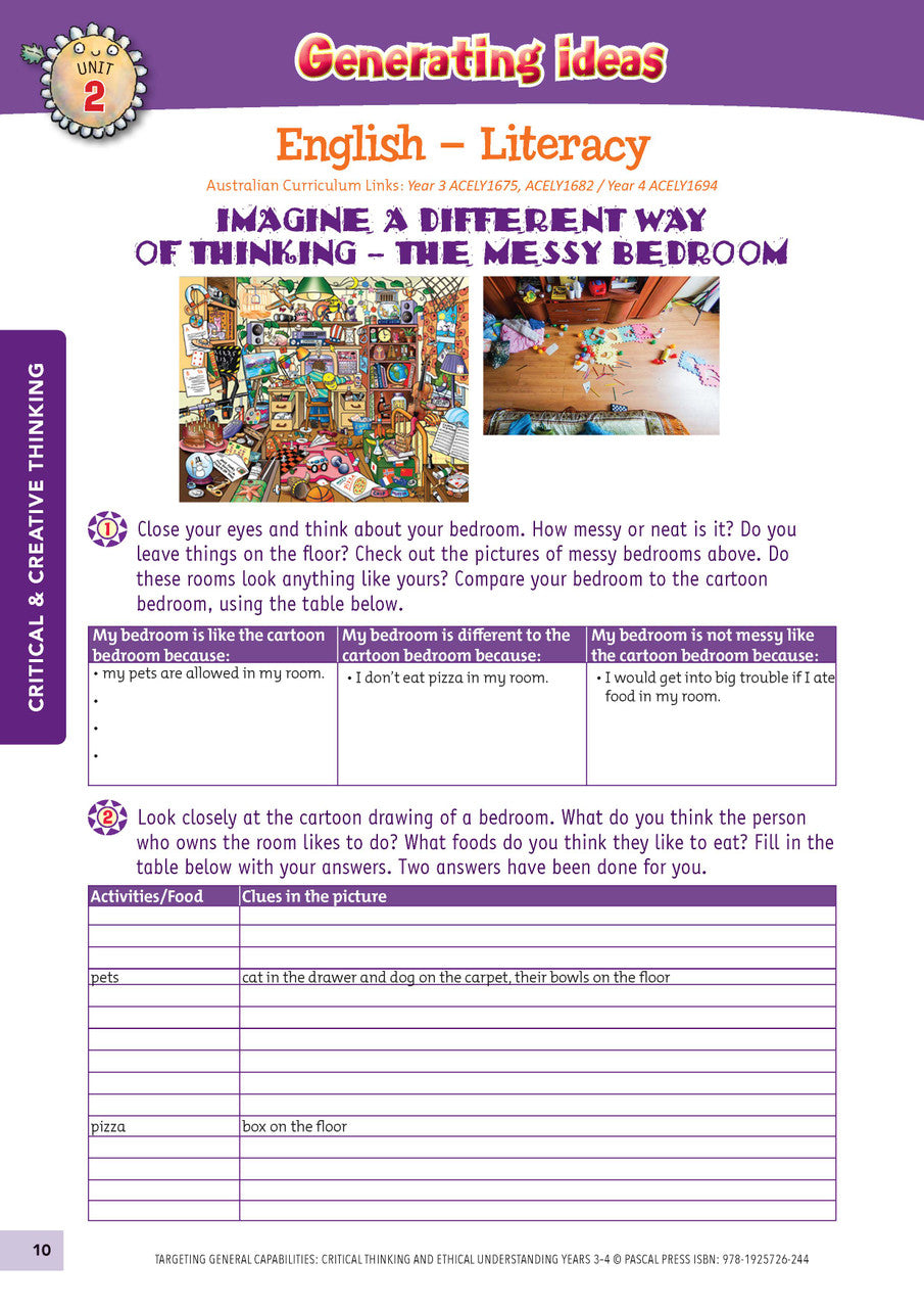 Sample interior activity page from Targeting General Capabilities Critical and Creative Thinking Years 3-4, as shown in the publisher gallery
