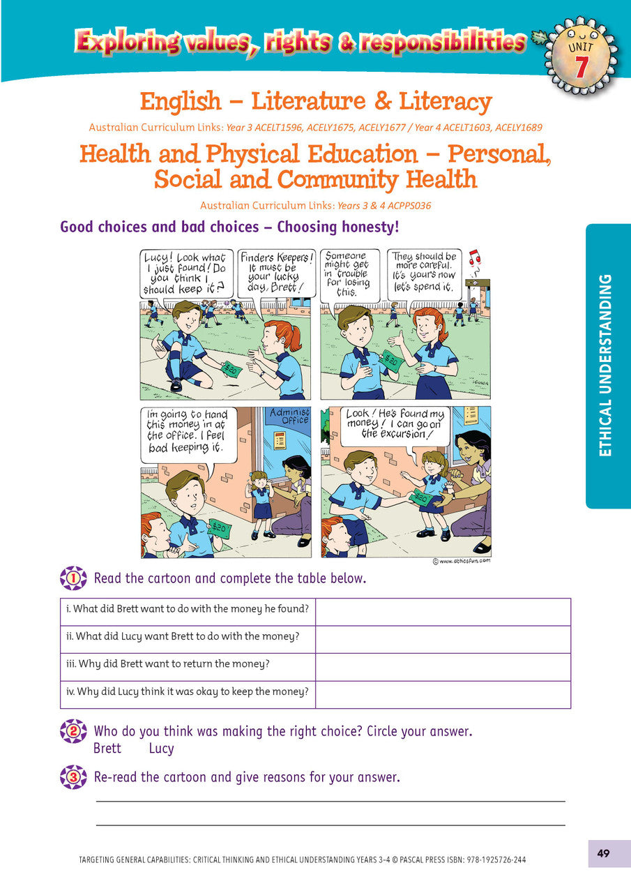 Sample interior activity page from Targeting General Capabilities Critical and Creative Thinking Years 3-4, as shown in the publisher gallery