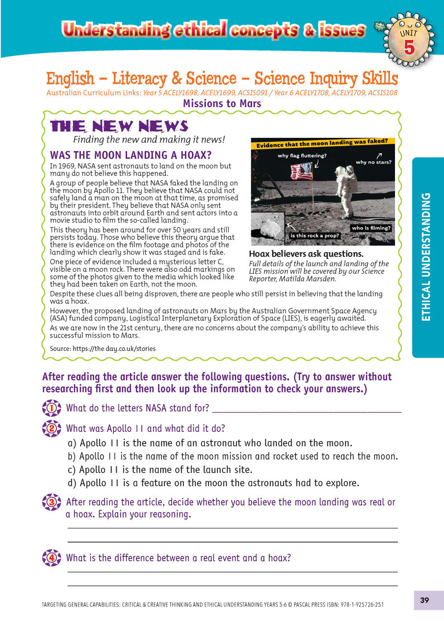Sample interior activity page from Targeting General Capabilities Critical and Creative Thinking Years 5-6, as shown in the publisher gallery