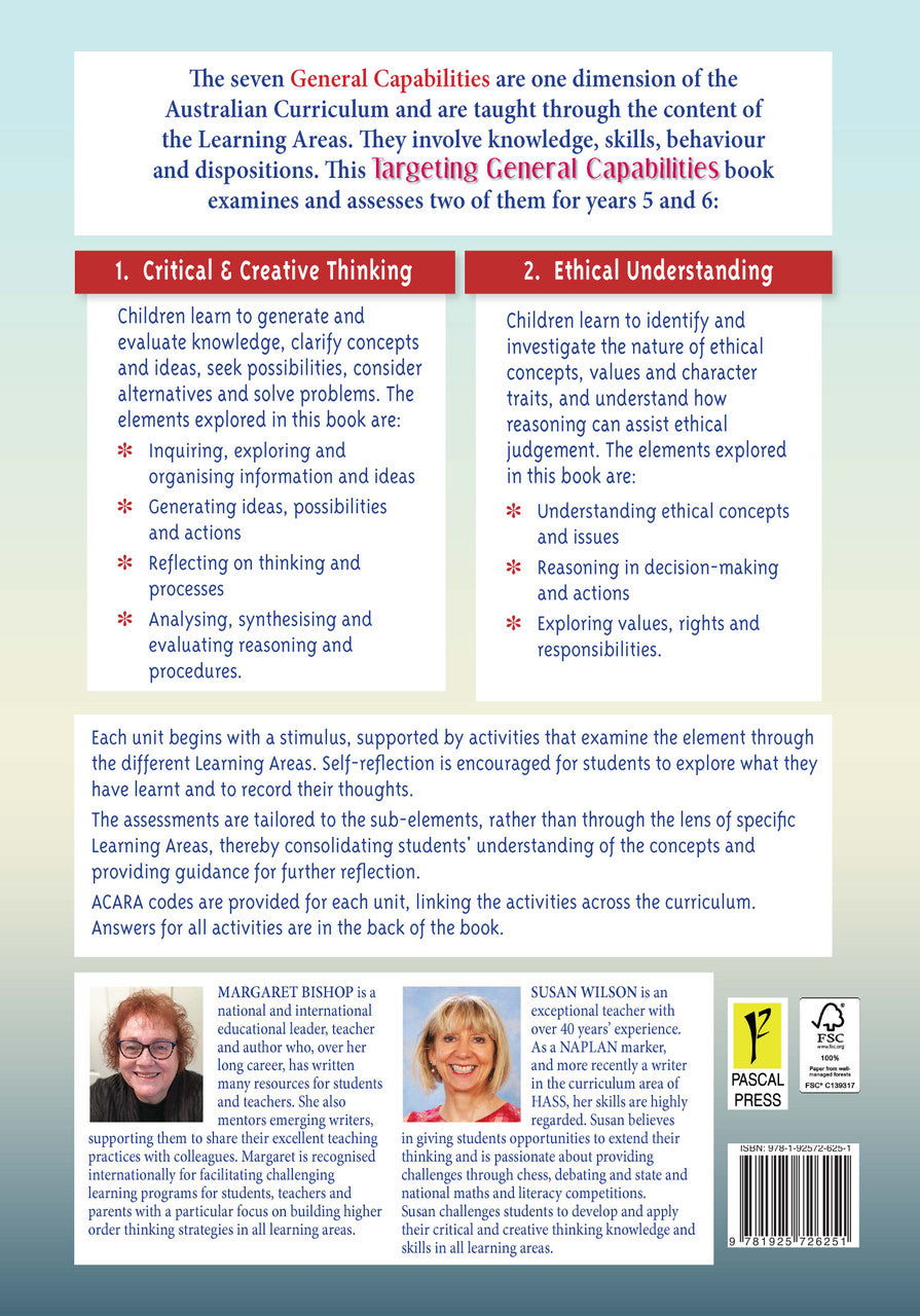 Back cover of Targeting General Capabilities Critical and Creative Thinking Years 5-6 from the Pascal Press Targeting series