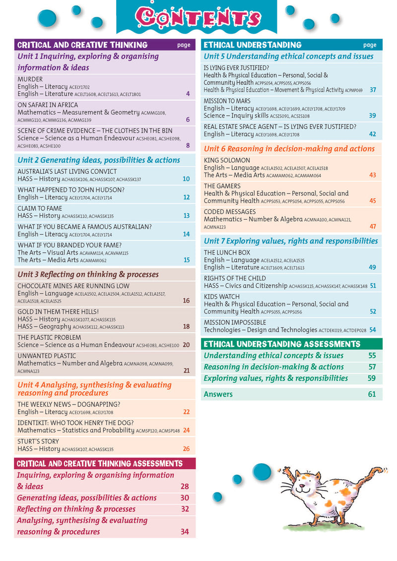 Contents page from Targeting General Capabilities Critical and Creative Thinking Years 5-6, listing the units inside the book