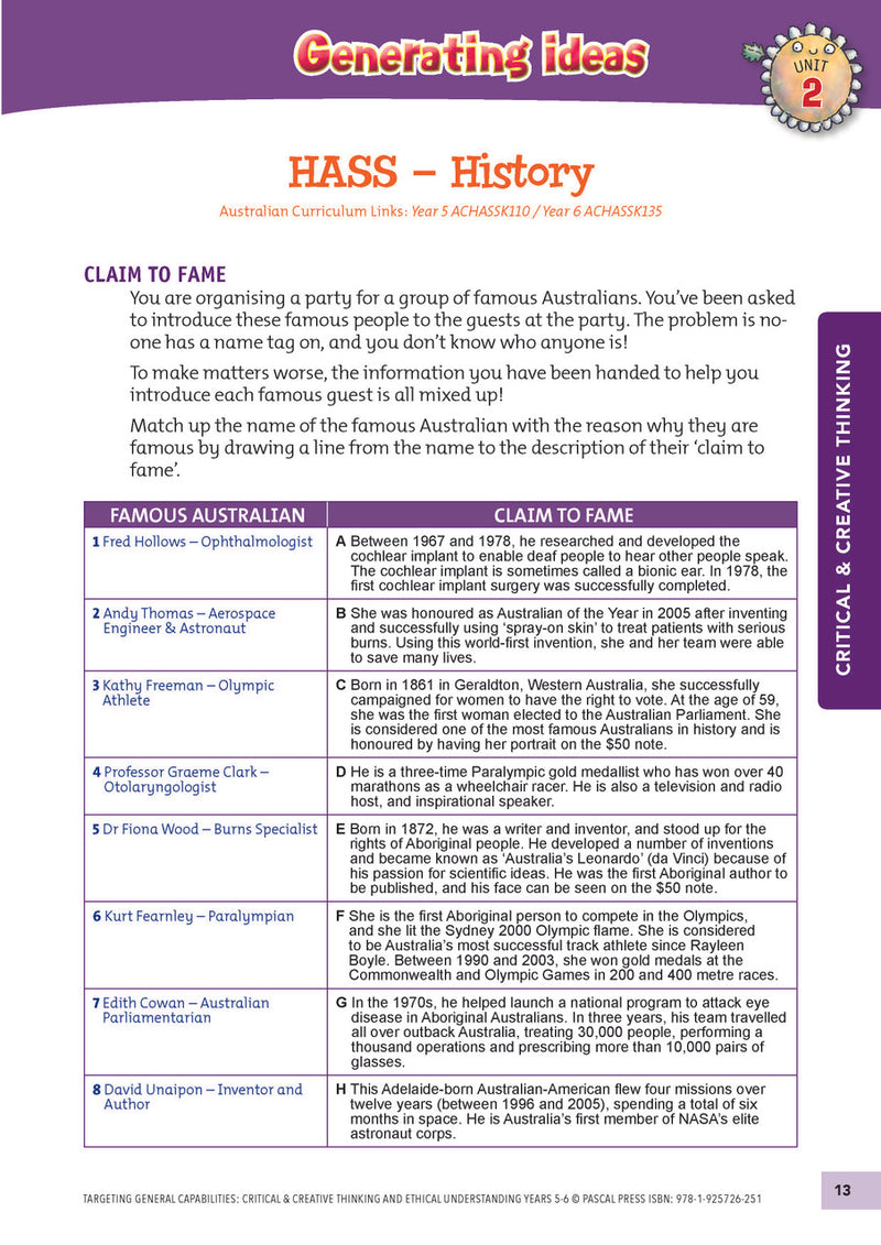 Sample interior activity page from Targeting General Capabilities Critical and Creative Thinking Years 5-6, as shown in the publisher gallery