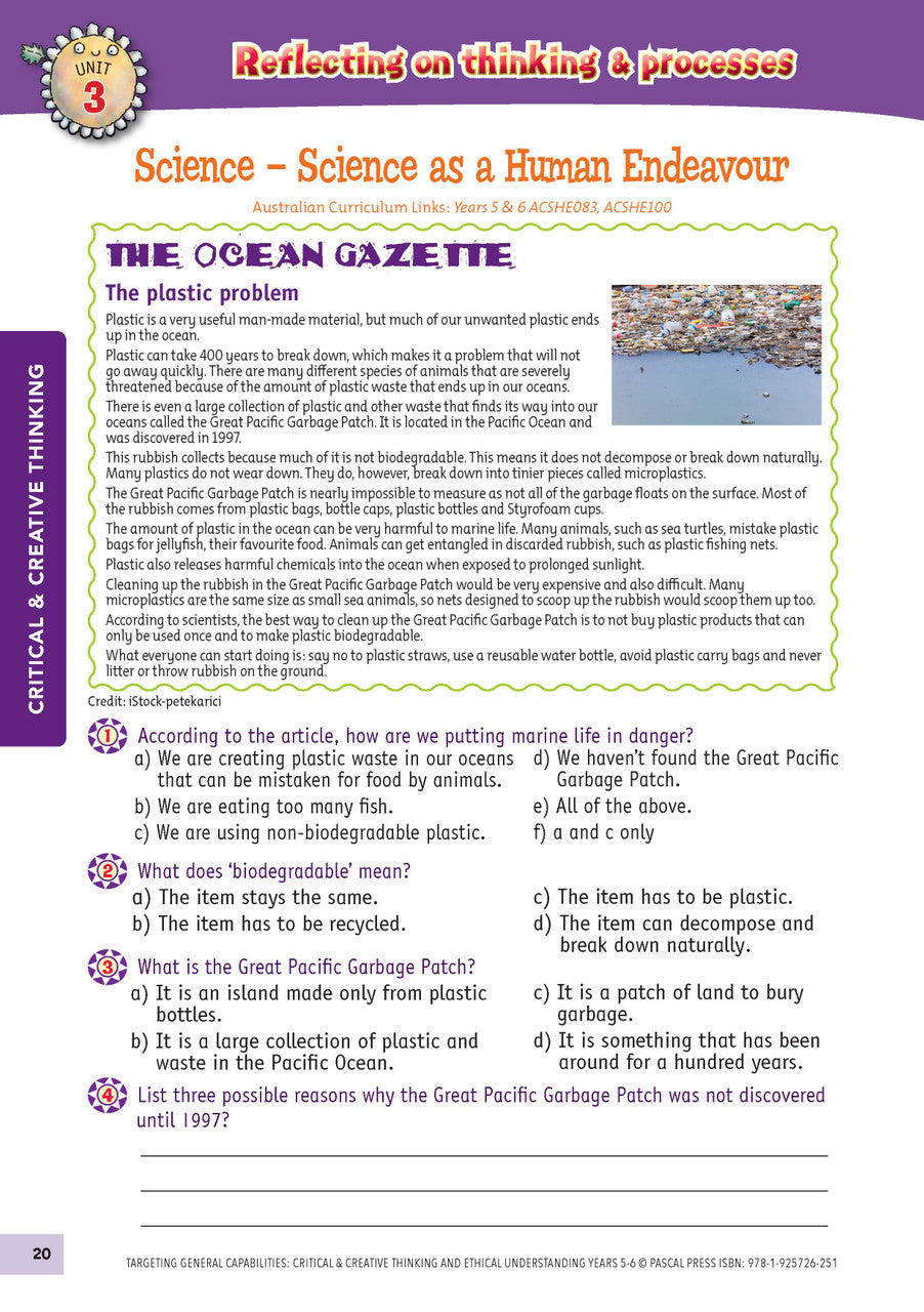 Sample interior activity page from Targeting General Capabilities Critical and Creative Thinking Years 5-6, as shown in the publisher gallery