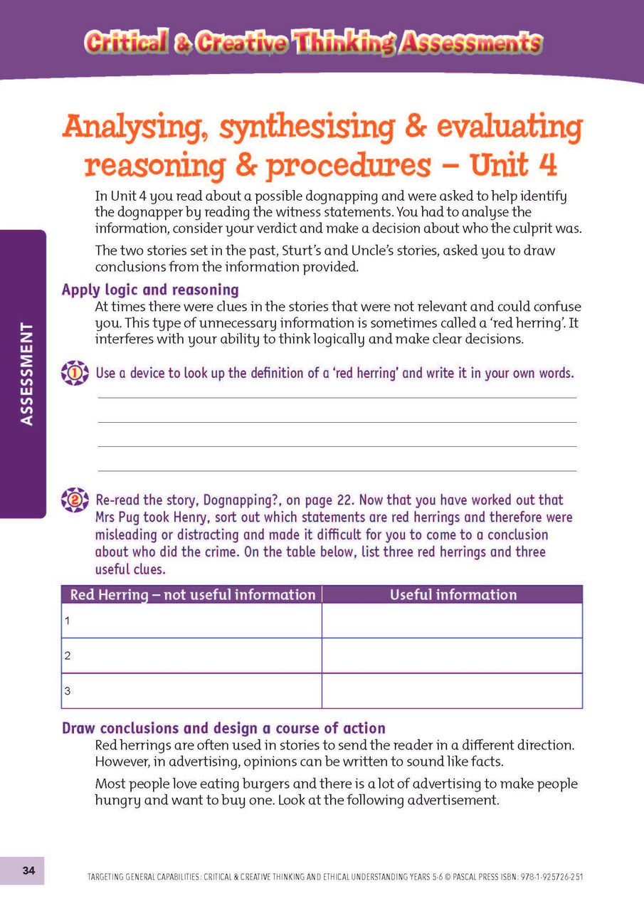 Sample interior activity page from Targeting General Capabilities Critical and Creative Thinking Years 5-6, as shown in the publisher gallery