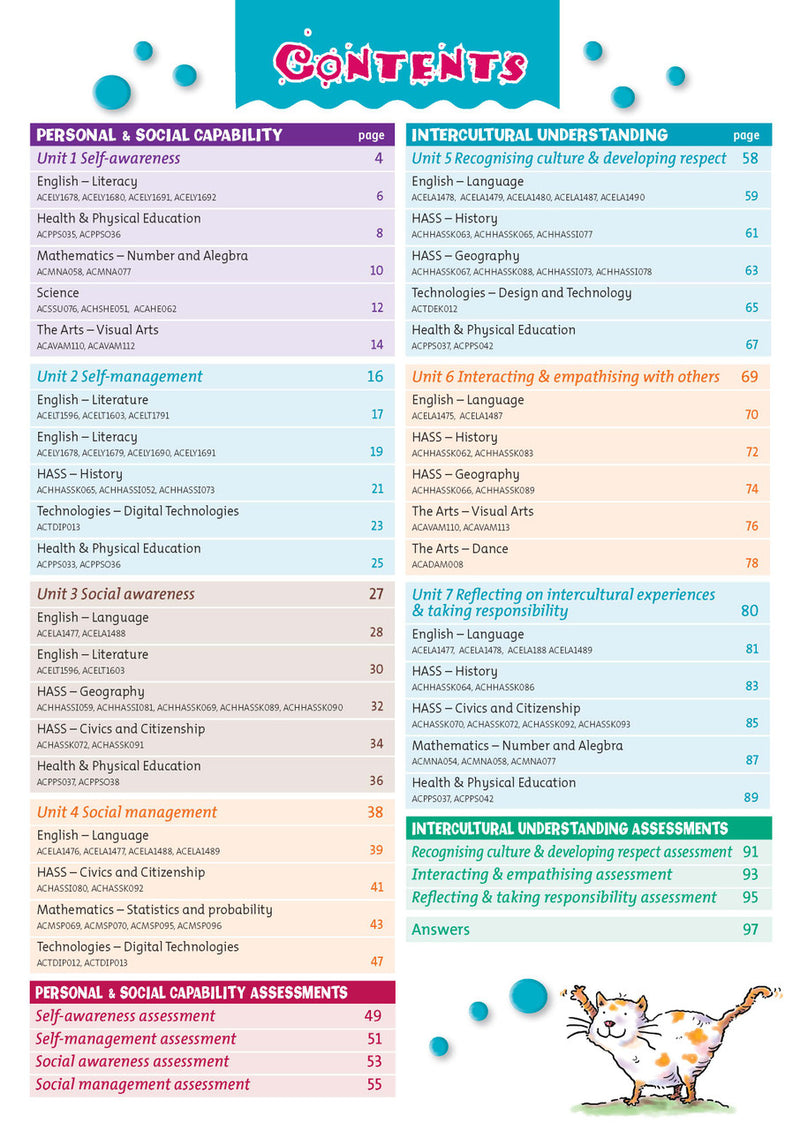 Contents page from Targeting General Capabilities Personal and Social Capability Years 3-4, listing the units inside the book